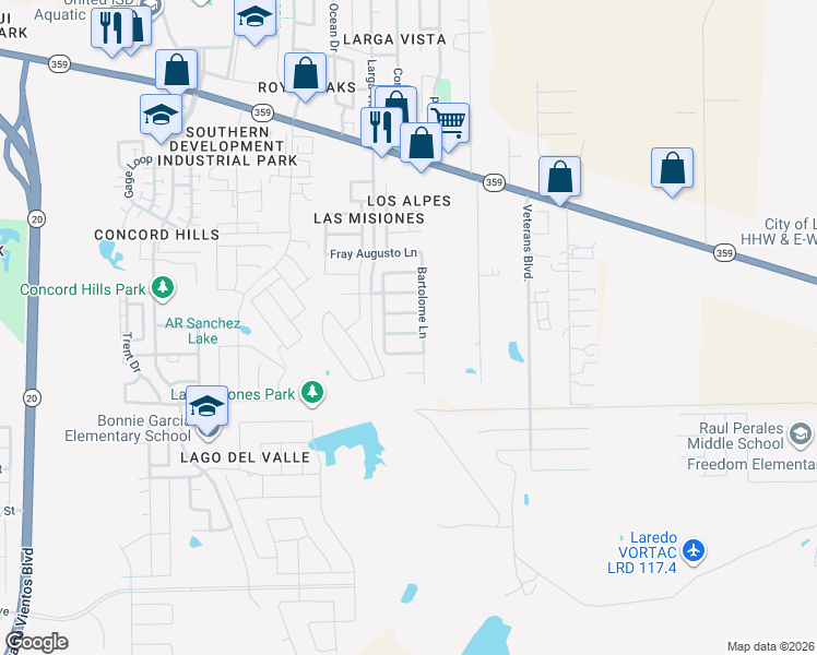 map of restaurants, bars, coffee shops, grocery stores, and more near 6111 Toribio Drive in Laredo