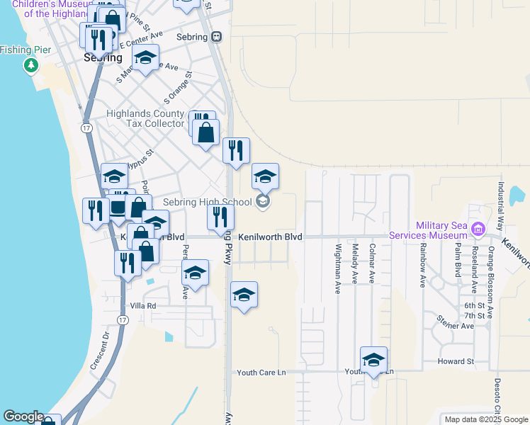 map of restaurants, bars, coffee shops, grocery stores, and more near 3514 Kenilworth Boulevard in Sebring