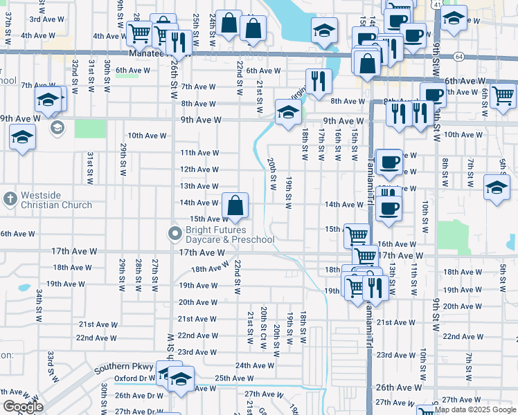 map of restaurants, bars, coffee shops, grocery stores, and more near 2010 14th Avenue West in Bradenton