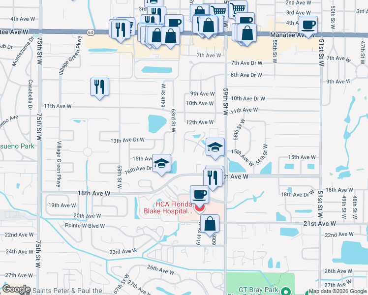 map of restaurants, bars, coffee shops, grocery stores, and more near 1313 63rd Street West in Bradenton