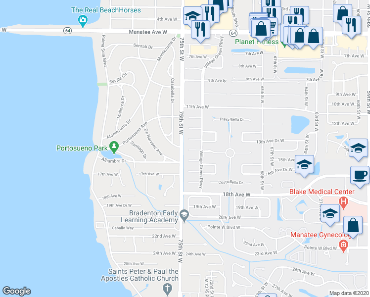 map of restaurants, bars, coffee shops, grocery stores, and more near 7411 13th Avenue Drive West in Bradenton