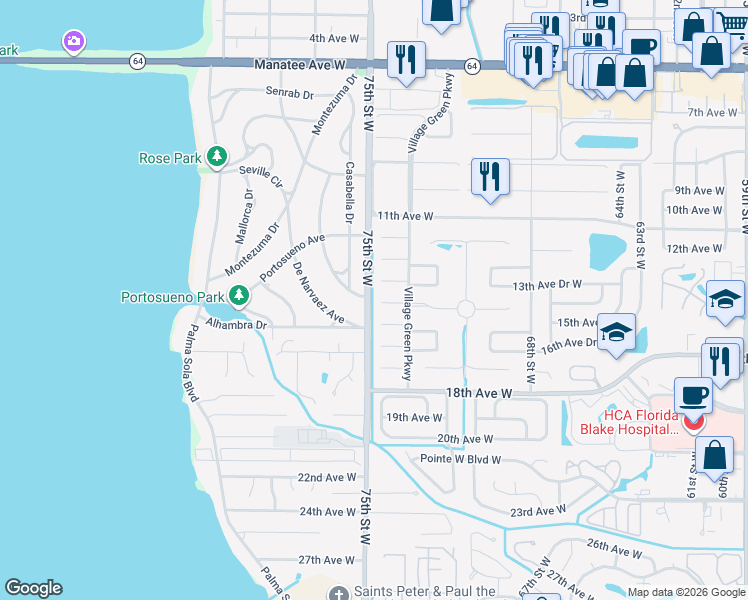 map of restaurants, bars, coffee shops, grocery stores, and more near 7411 13th Avenue Drive West in Bradenton
