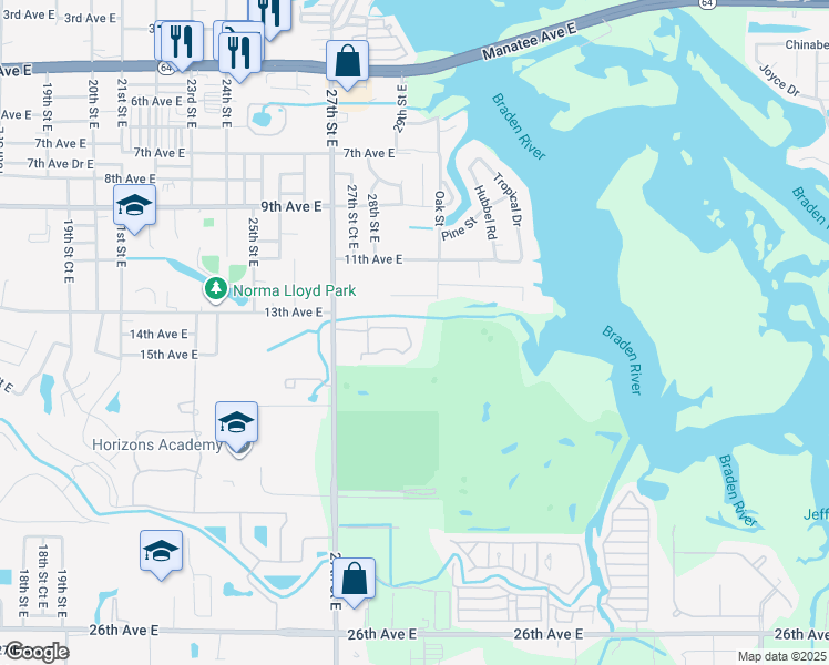 map of restaurants, bars, coffee shops, grocery stores, and more near 2805 River Trace Circle in Bradenton