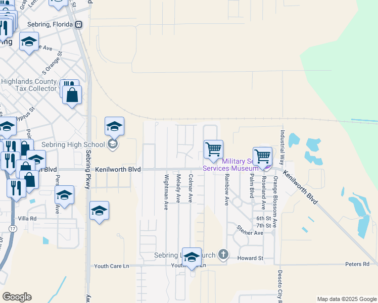 map of restaurants, bars, coffee shops, grocery stores, and more near Emerald Avenue in Sebring
