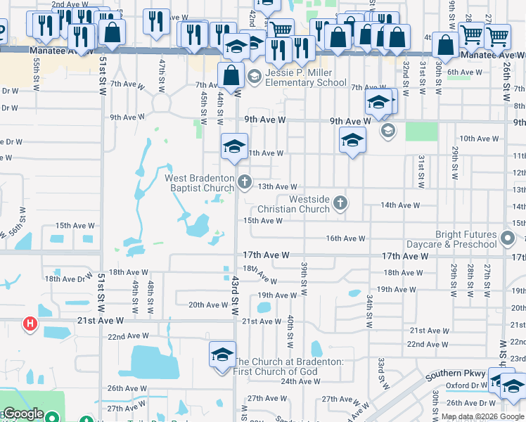 map of restaurants, bars, coffee shops, grocery stores, and more near 4104 14th Avenue West in Bradenton
