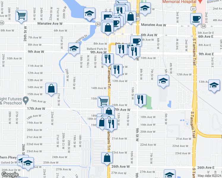 map of restaurants, bars, coffee shops, grocery stores, and more near 1403 14th Street West in Bradenton