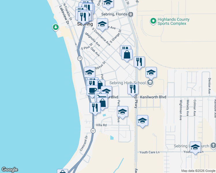 map of restaurants, bars, coffee shops, grocery stores, and more near 728 Poinsettia Avenue in Sebring