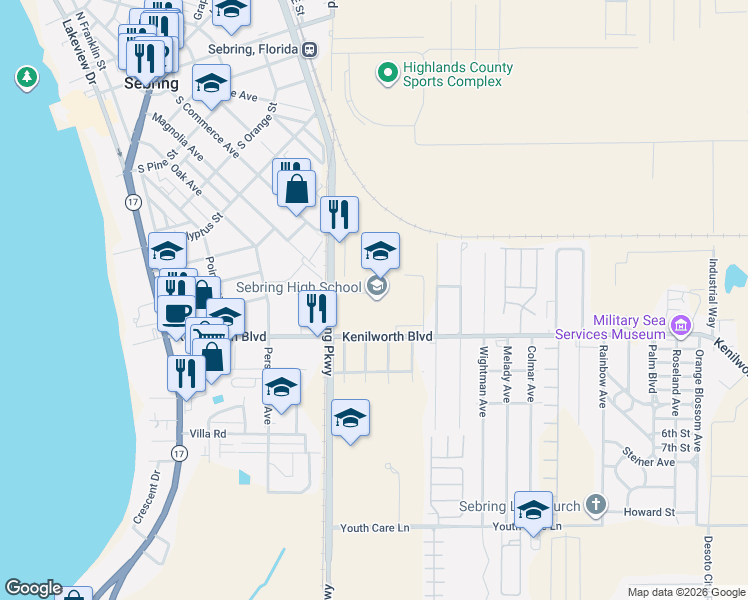 map of restaurants, bars, coffee shops, grocery stores, and more near 3514 Kenilworth Boulevard in Sebring