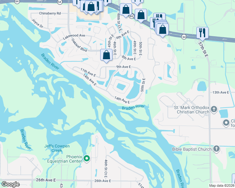 map of restaurants, bars, coffee shops, grocery stores, and more near 4821 11th Avenue Circle East in Bradenton
