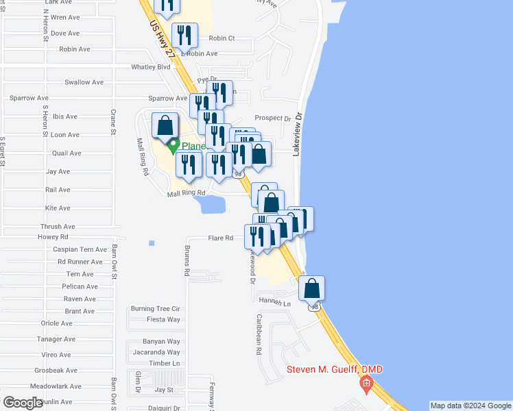 map of restaurants, bars, coffee shops, grocery stores, and more near 219 South Main Street in Sebring