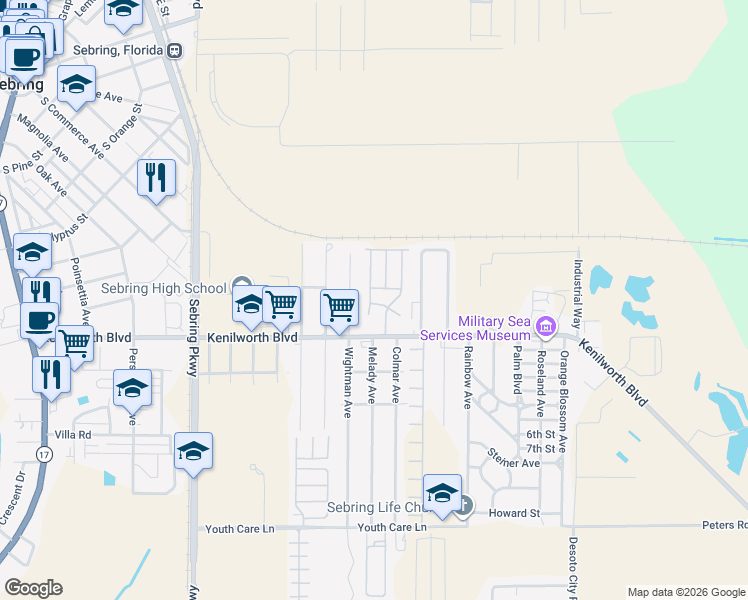 map of restaurants, bars, coffee shops, grocery stores, and more near Opal Ave in Sebring
