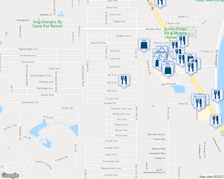 map of restaurants, bars, coffee shops, grocery stores, and more near 253 Kite Avenue in Sebring