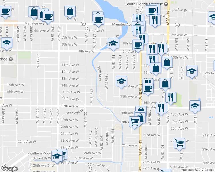 map of restaurants, bars, coffee shops, grocery stores, and more near 1827 14th Avenue West in Bradenton