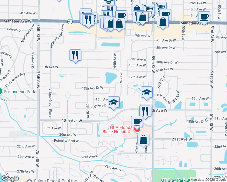 map of restaurants, bars, coffee shops, grocery stores, and more near 1310 64th Street West in Bradenton