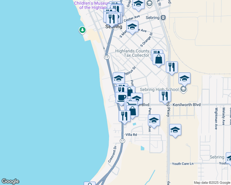 map of restaurants, bars, coffee shops, grocery stores, and more near 836 Lakeview Drive in Sebring