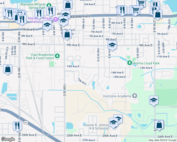 map of restaurants, bars, coffee shops, grocery stores, and more near 1455 17th Street Circle East in Bradenton