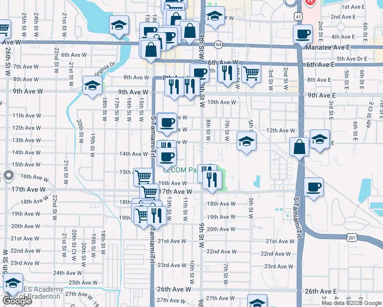 map of restaurants, bars, coffee shops, grocery stores, and more near 1316 10th Street West in Bradenton