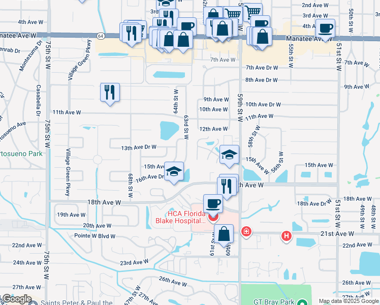 map of restaurants, bars, coffee shops, grocery stores, and more near 1313 63rd Street West in Bradenton