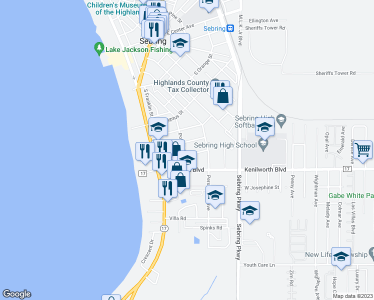 map of restaurants, bars, coffee shops, grocery stores, and more near 728 Poinsettia Avenue in Sebring