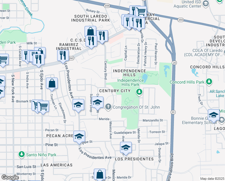 map of restaurants, bars, coffee shops, grocery stores, and more near 105 Century Drive North in Laredo