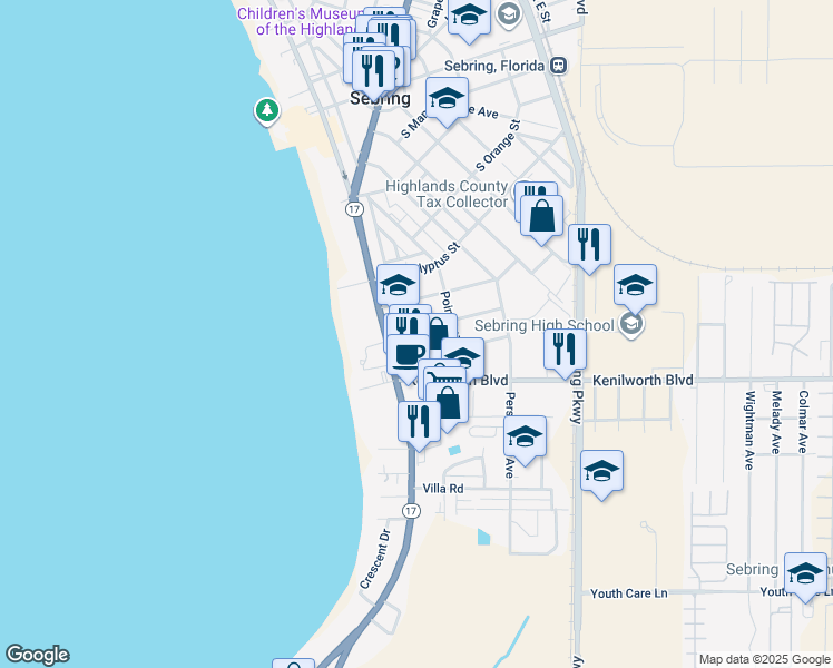 map of restaurants, bars, coffee shops, grocery stores, and more near 231 Bay Street in Sebring