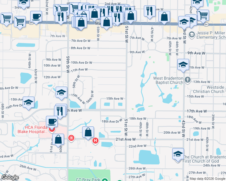 map of restaurants, bars, coffee shops, grocery stores, and more near 5216 14th Avenue Drive West in Bradenton