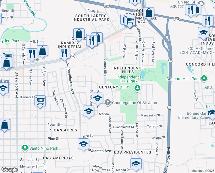 map of restaurants, bars, coffee shops, grocery stores, and more near 105 Century Drive North in Laredo