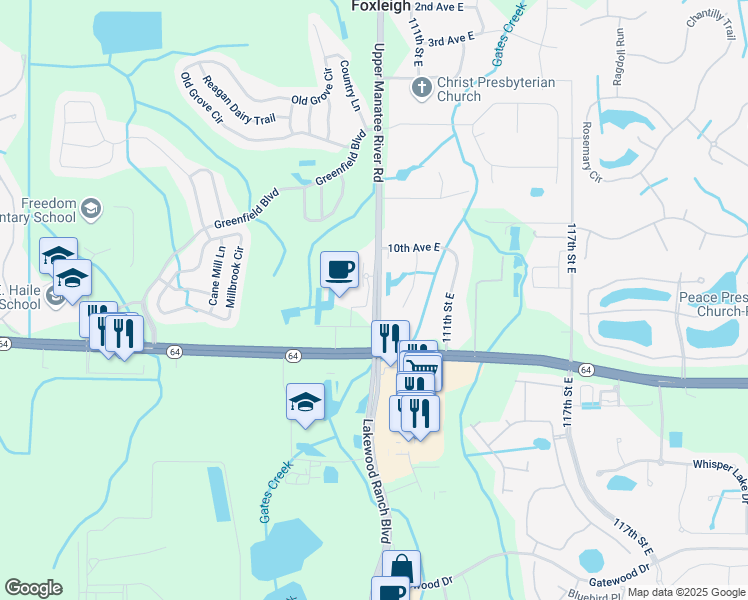 map of restaurants, bars, coffee shops, grocery stores, and more near 868 Upper Manatee River Road in Bradenton