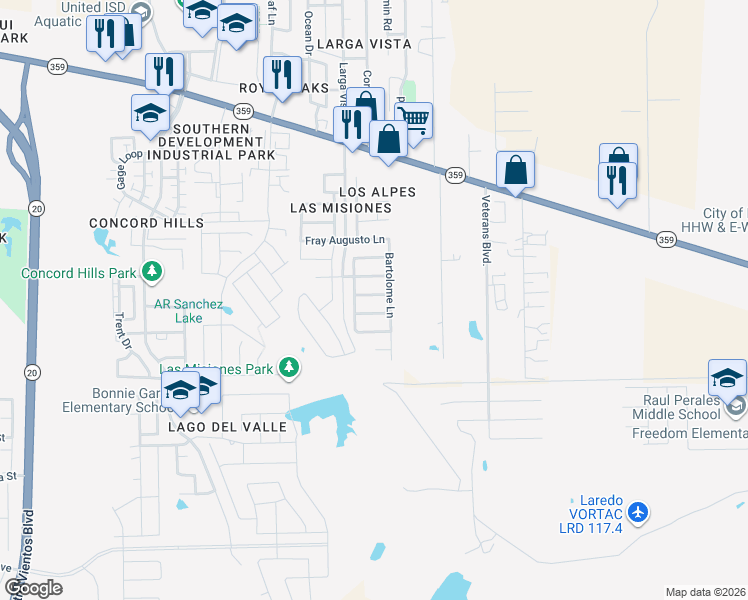 map of restaurants, bars, coffee shops, grocery stores, and more near 6111 Toribio Drive in Laredo
