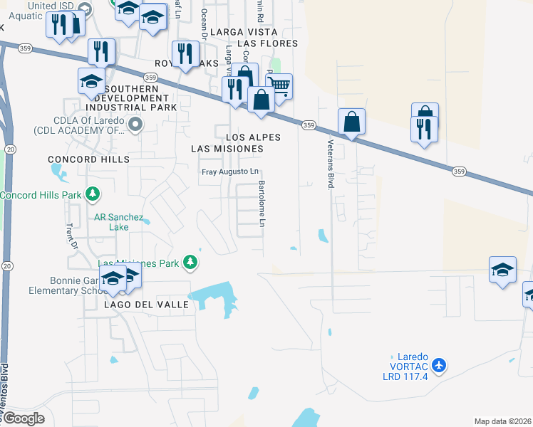 map of restaurants, bars, coffee shops, grocery stores, and more near 713 Bartolome Lane in Laredo
