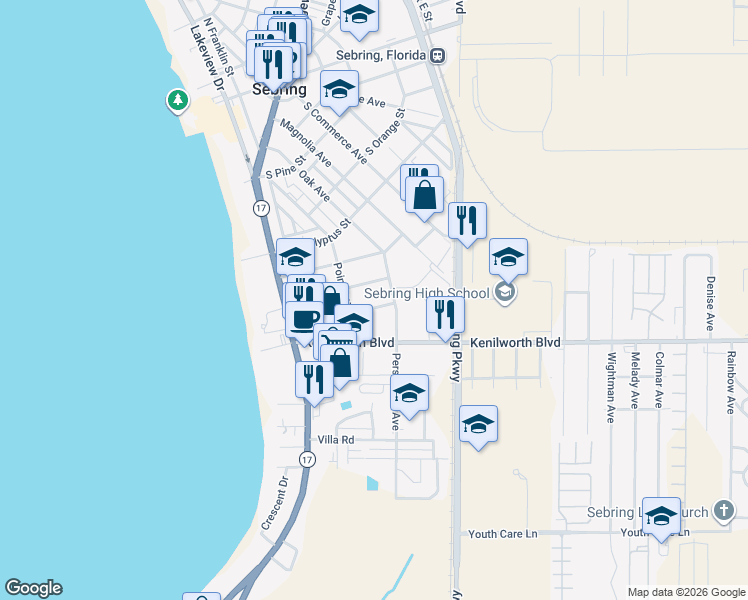 map of restaurants, bars, coffee shops, grocery stores, and more near 739 Persimmon Avenue in Sebring