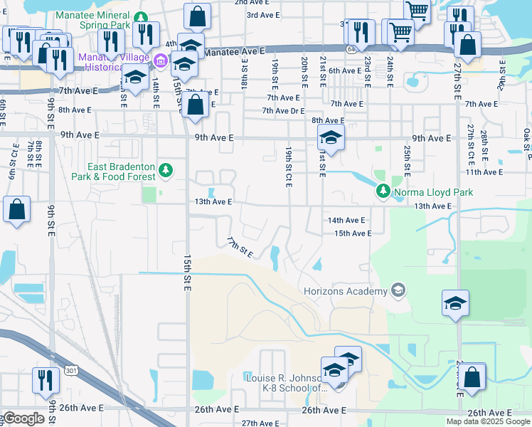 map of restaurants, bars, coffee shops, grocery stores, and more near 1455 17th Street Circle East in Bradenton