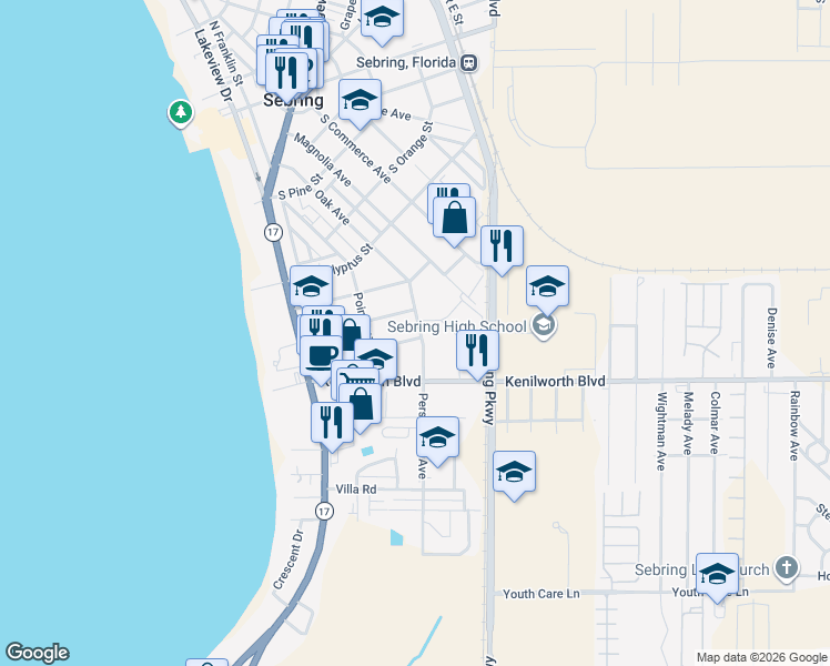 map of restaurants, bars, coffee shops, grocery stores, and more near 739 Persimmon Avenue in Sebring