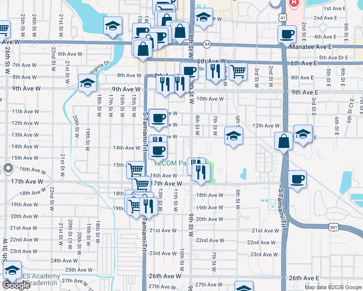 map of restaurants, bars, coffee shops, grocery stores, and more near 1316 10th Street West in Bradenton