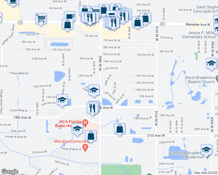 map of restaurants, bars, coffee shops, grocery stores, and more near 1414 57th Street West in Bradenton