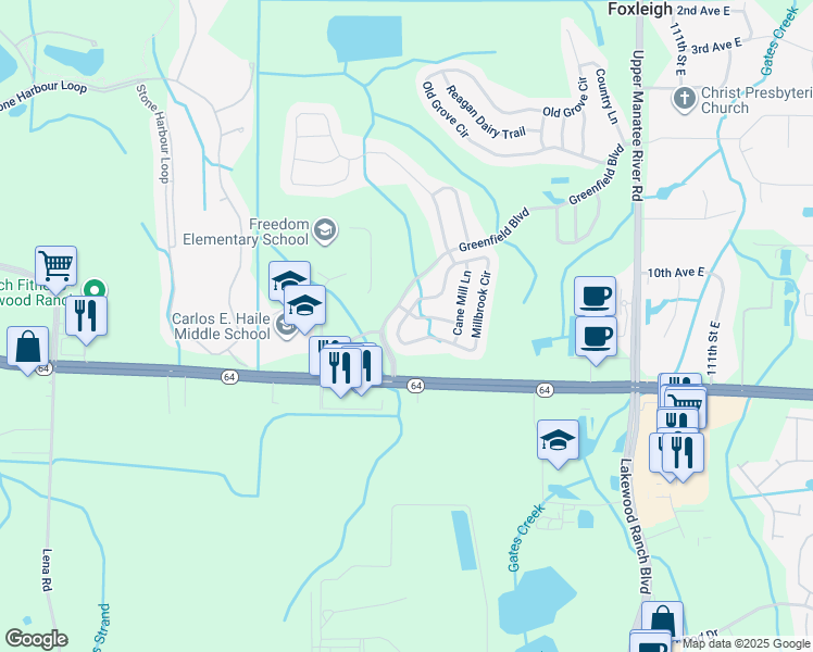 map of restaurants, bars, coffee shops, grocery stores, and more near 1487 Millbrook Circle in Bradenton