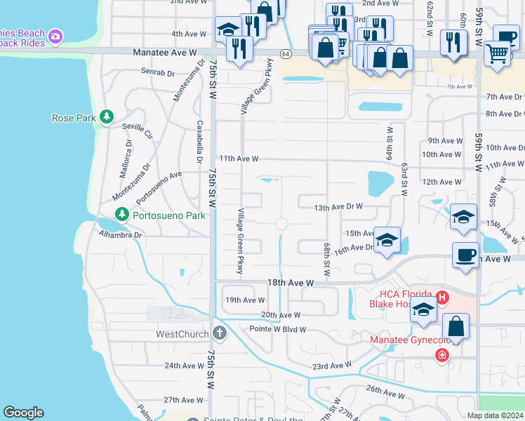 map of restaurants, bars, coffee shops, grocery stores, and more near 7203 13th Avenue Drive West in Bradenton