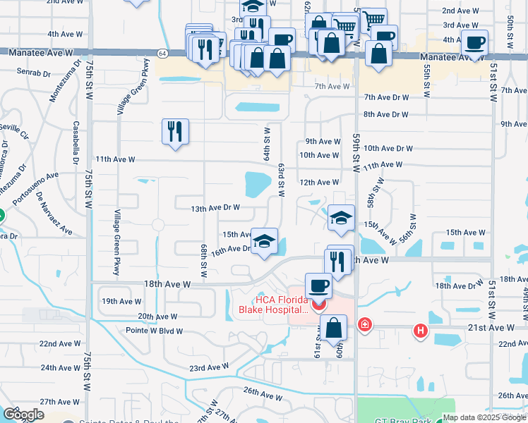 map of restaurants, bars, coffee shops, grocery stores, and more near 1310 64th Street West in Bradenton