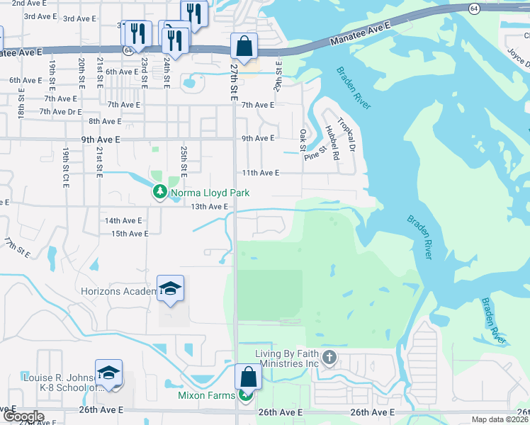 map of restaurants, bars, coffee shops, grocery stores, and more near 2733 River Trace Circle in Bradenton