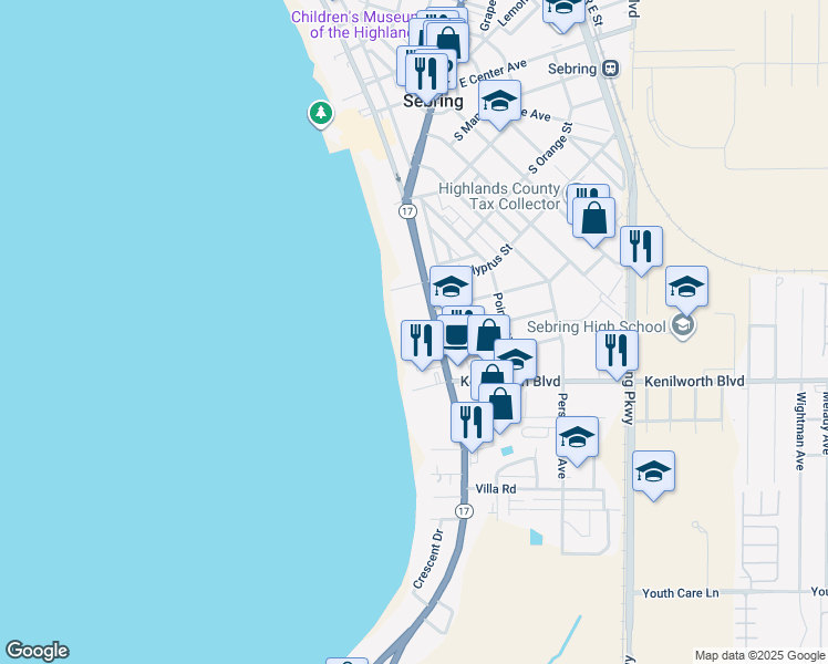 map of restaurants, bars, coffee shops, grocery stores, and more near 1655 Lakeview Drive in Sebring