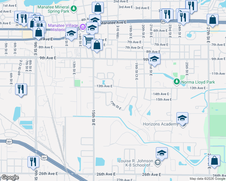 map of restaurants, bars, coffee shops, grocery stores, and more near 1305 17th Street Court East in Bradenton