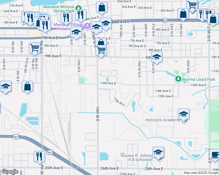 map of restaurants, bars, coffee shops, grocery stores, and more near 1601 14th Avenue East in Bradenton