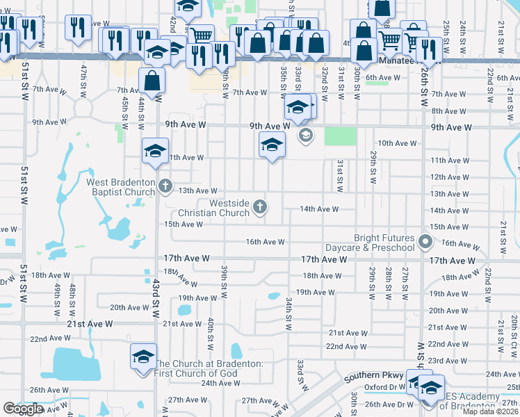 map of restaurants, bars, coffee shops, grocery stores, and more near 1400 36th Street West in Bradenton