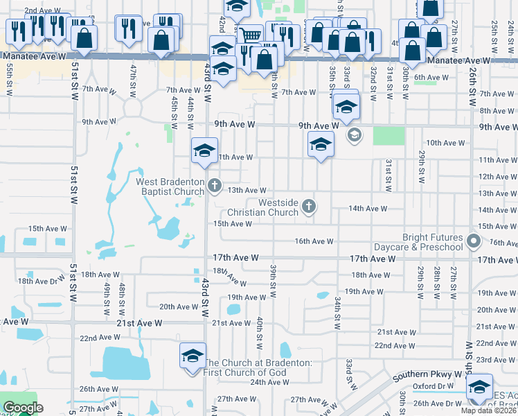 map of restaurants, bars, coffee shops, grocery stores, and more near 1403 40th Street Court West in Bradenton