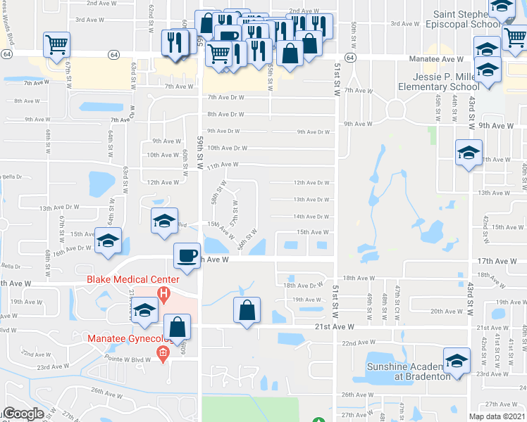 map of restaurants, bars, coffee shops, grocery stores, and more near 1415 56th Street West in Bradenton