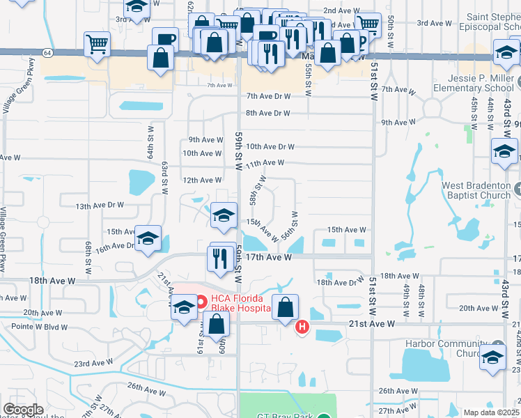 map of restaurants, bars, coffee shops, grocery stores, and more near 1414 57th Street West in Bradenton