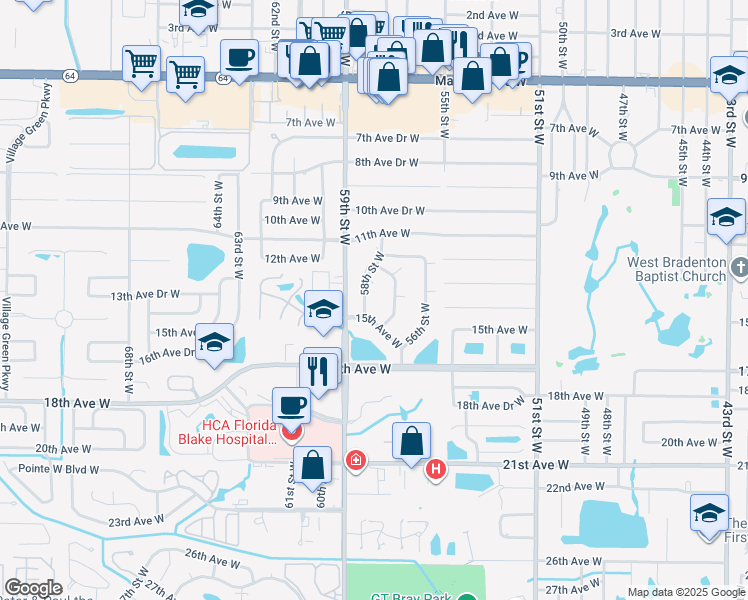 map of restaurants, bars, coffee shops, grocery stores, and more near 1414 57th Street West in Bradenton