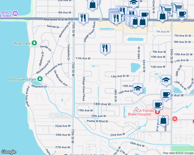 map of restaurants, bars, coffee shops, grocery stores, and more near 7203 13th Avenue Drive West in Bradenton