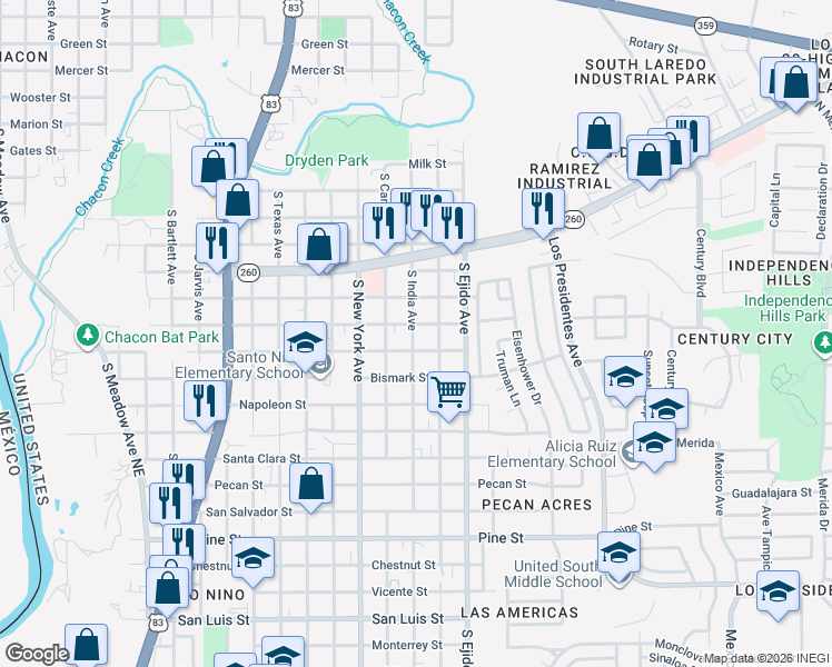 map of restaurants, bars, coffee shops, grocery stores, and more near 3005 Barrios Street in Laredo