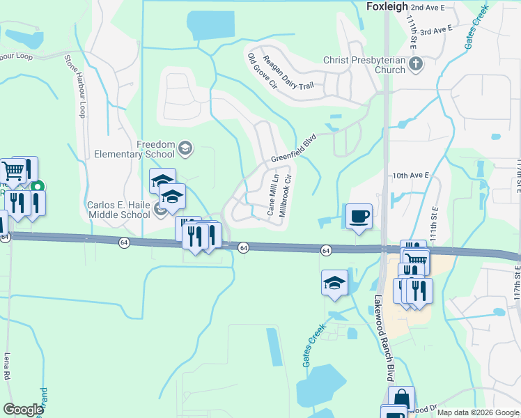 map of restaurants, bars, coffee shops, grocery stores, and more near 10008 Sugar Mill Drive in Bradenton